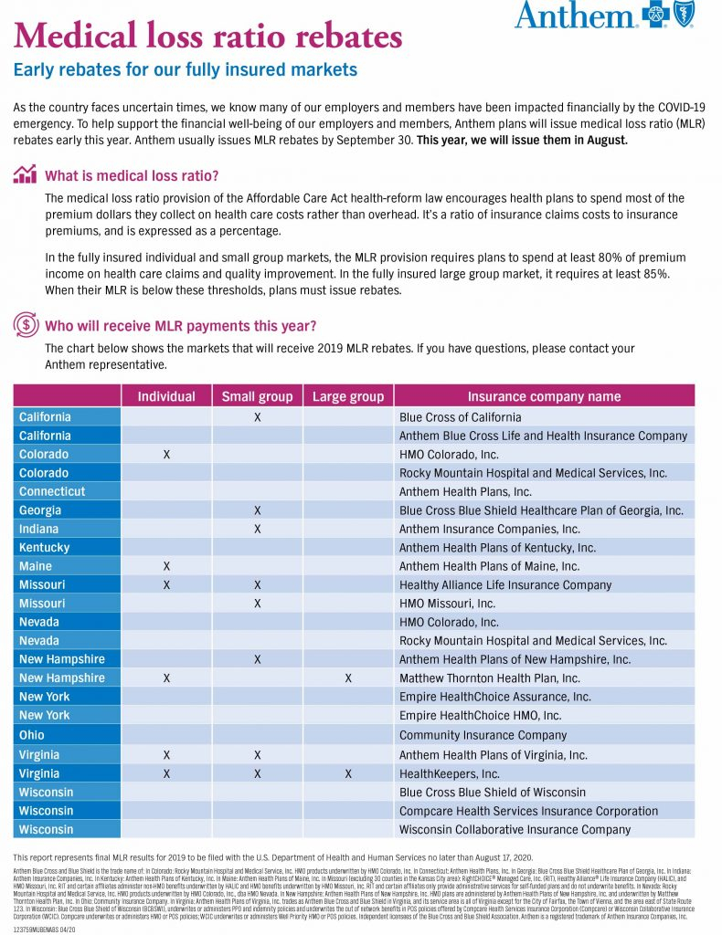 Anthem Releases Medical Loss Ratio Rebate Information Hometown 